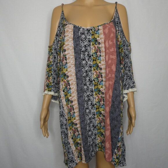Kori Floral Patchwork Cold Shoulder Mini Dress Med - Picture 1 of 8